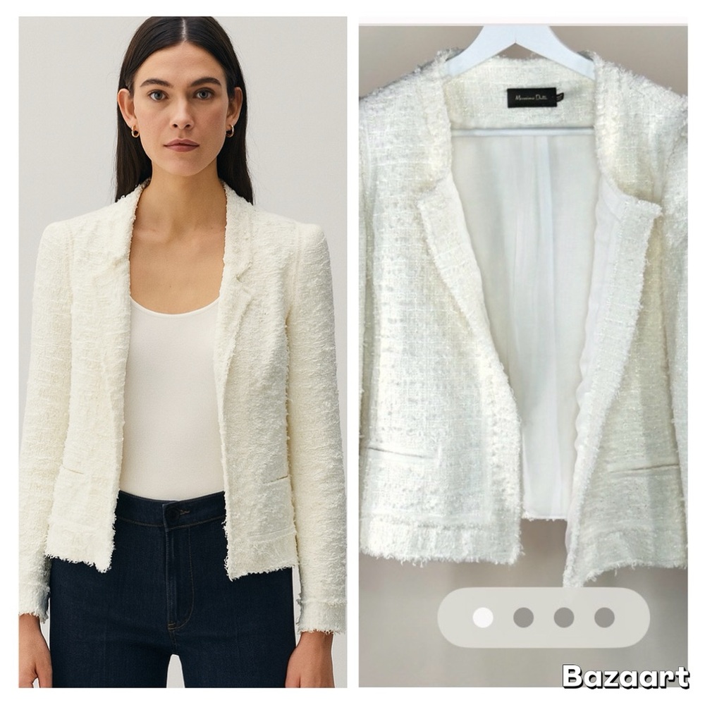 Massimo Dutti Cream Blazer | Textured Neutral Tailored Jacket Sz 42